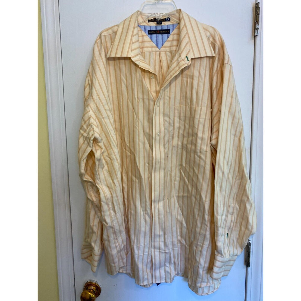 Tommy Hilfiger Men's 17.5 34-35 Yellow Striped TLC Long Sleeve Button Down XL